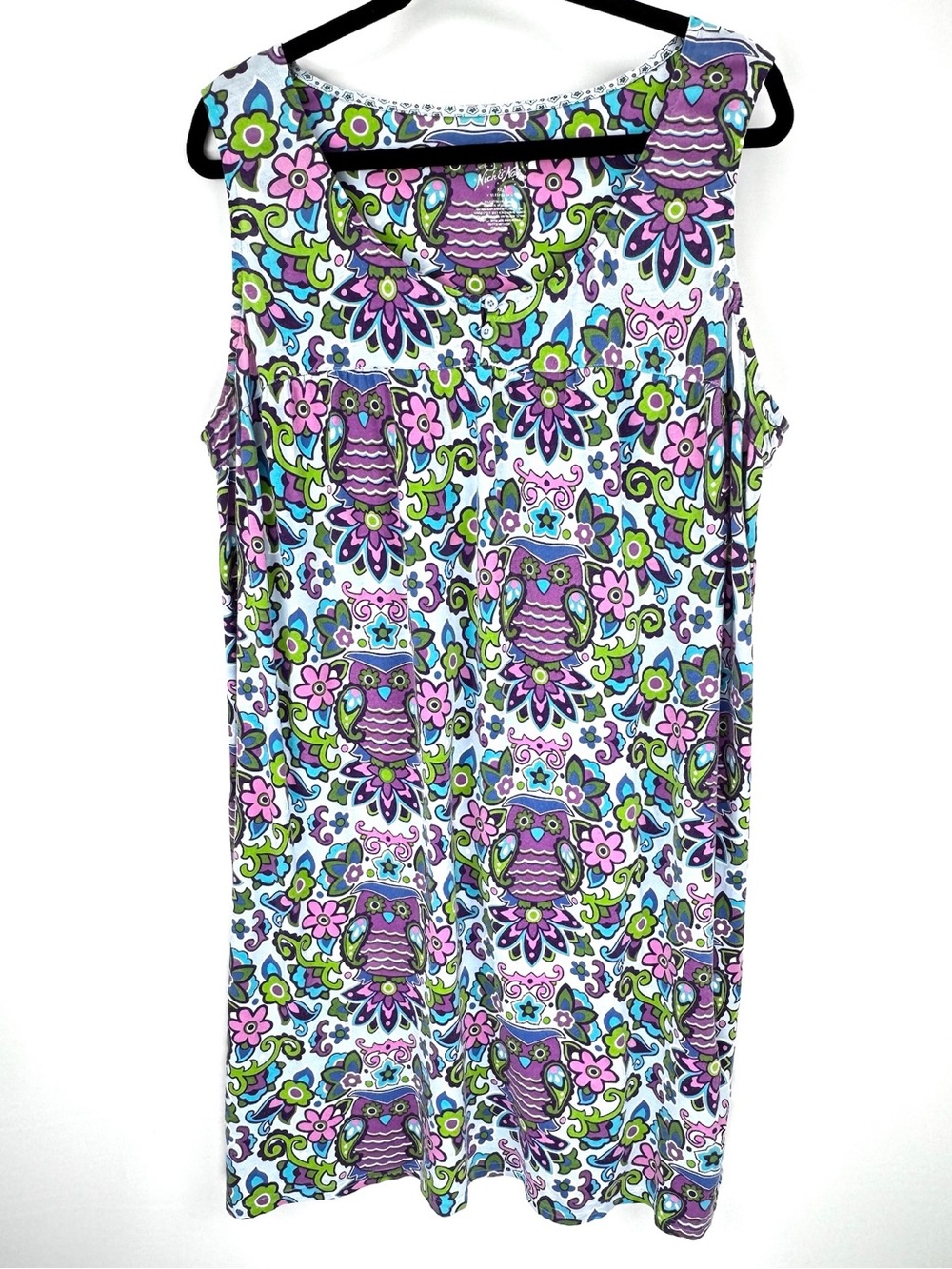 Sleeveless Owl Print Pajama Dress — Purple, Green, Pink
